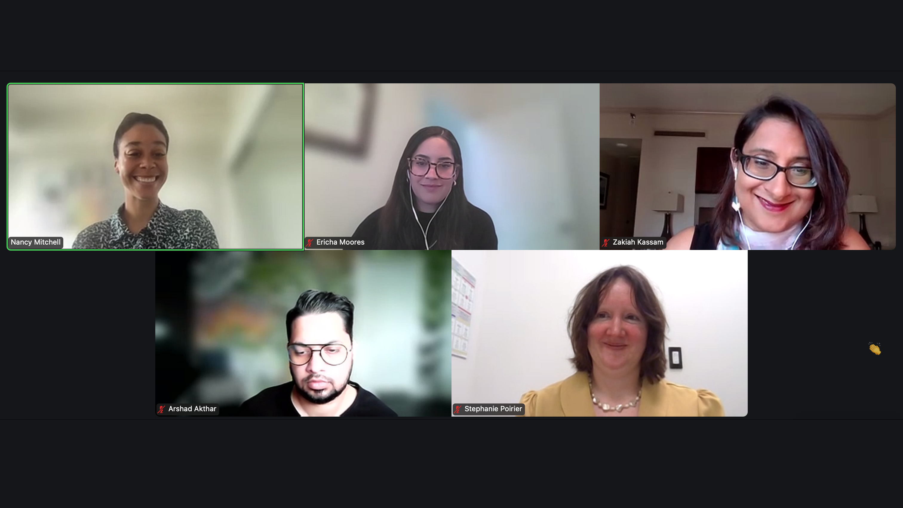 Five diverse people are participating in a webinar and smiling. 