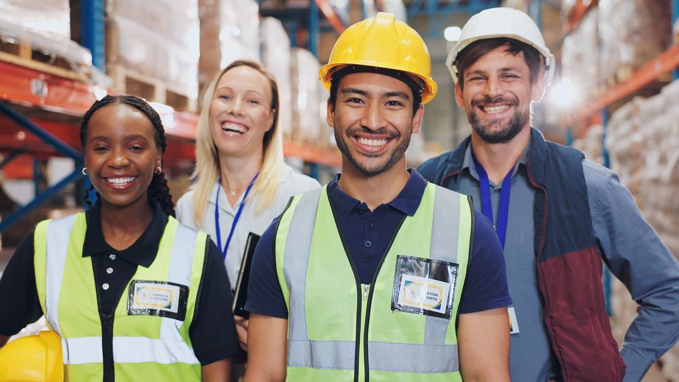 A group of four diverse young people are proudly wearing hard hats and saftey vests.