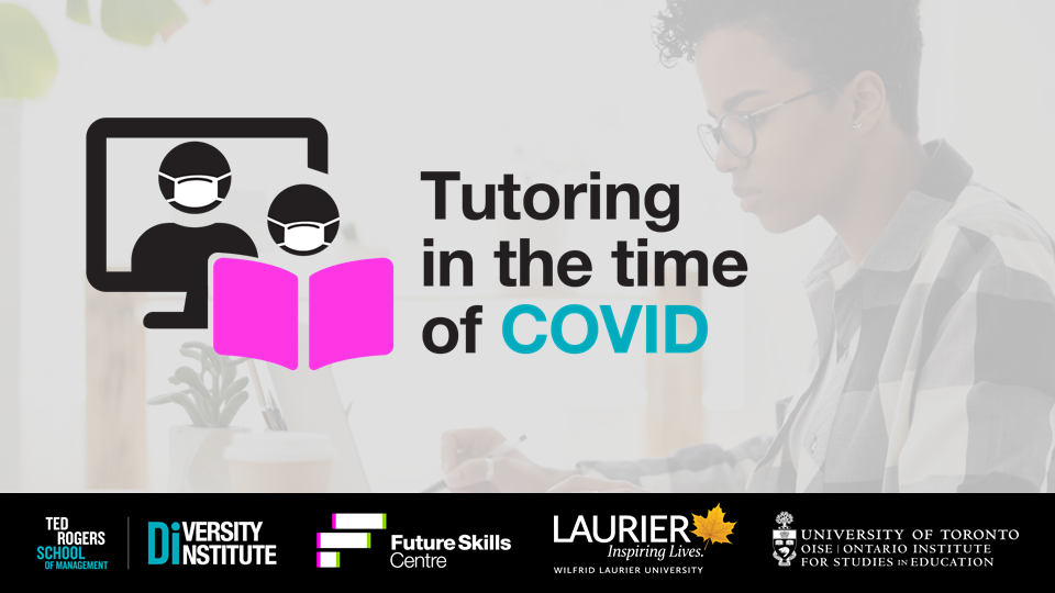 Icons of two avatars wearing masks, a computer monitor and a book appear next to the text “Tutoring in the Time of COVID” with a semi-transparent photograph of a young person on a laptop in the background