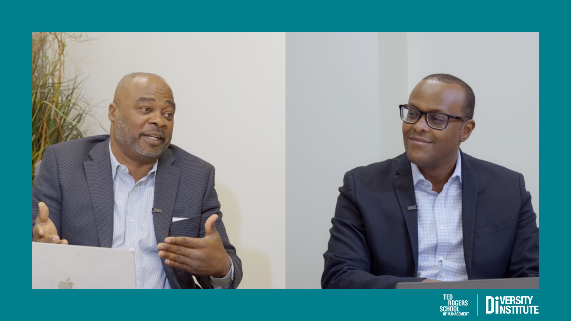 Two professionals in an office setting have a conversation.