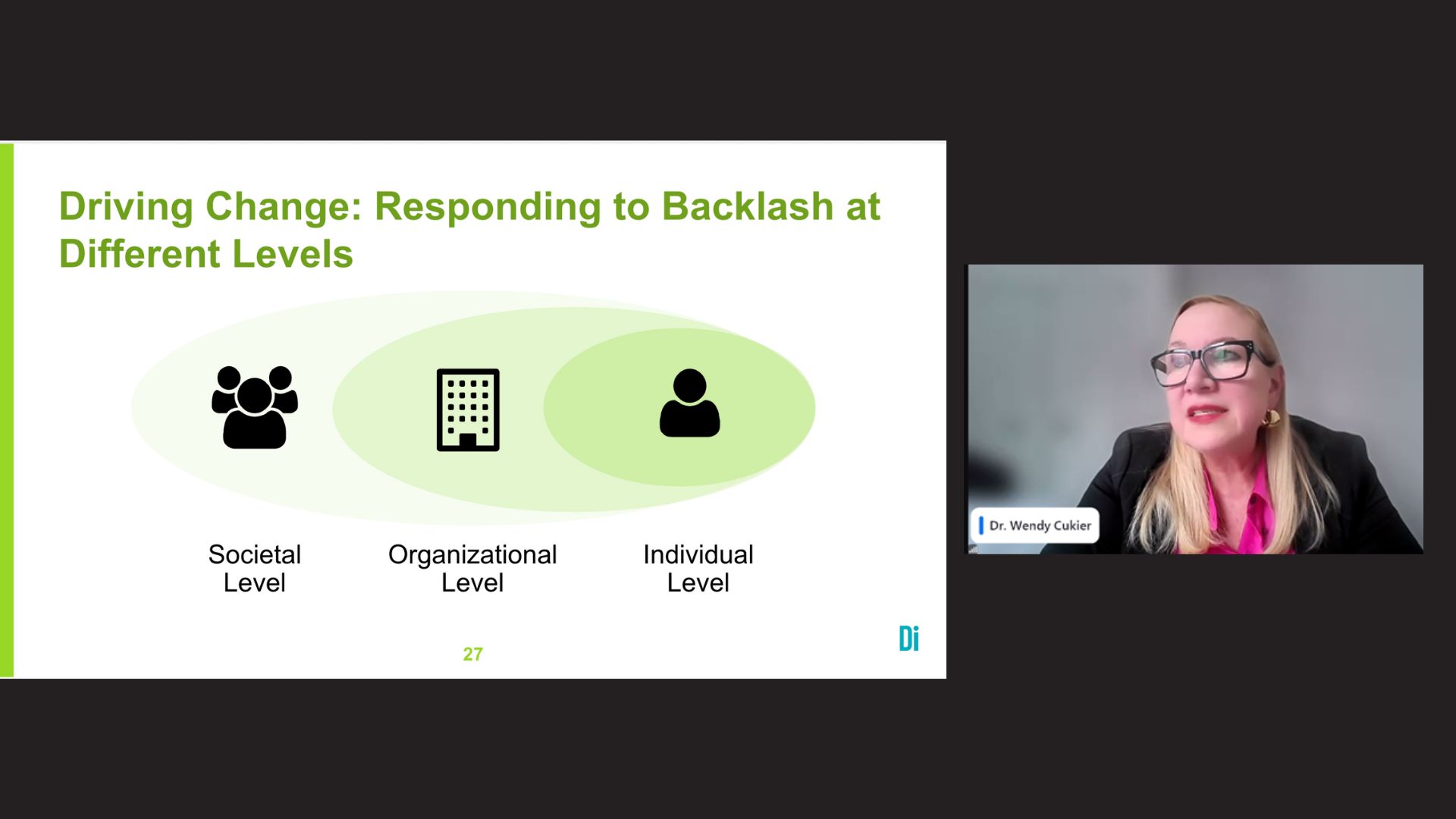 In a virtual webinar, a woman academic discusses driving change using a model showing three levels which change should be tackled including the societal, organizational and individual levels.
