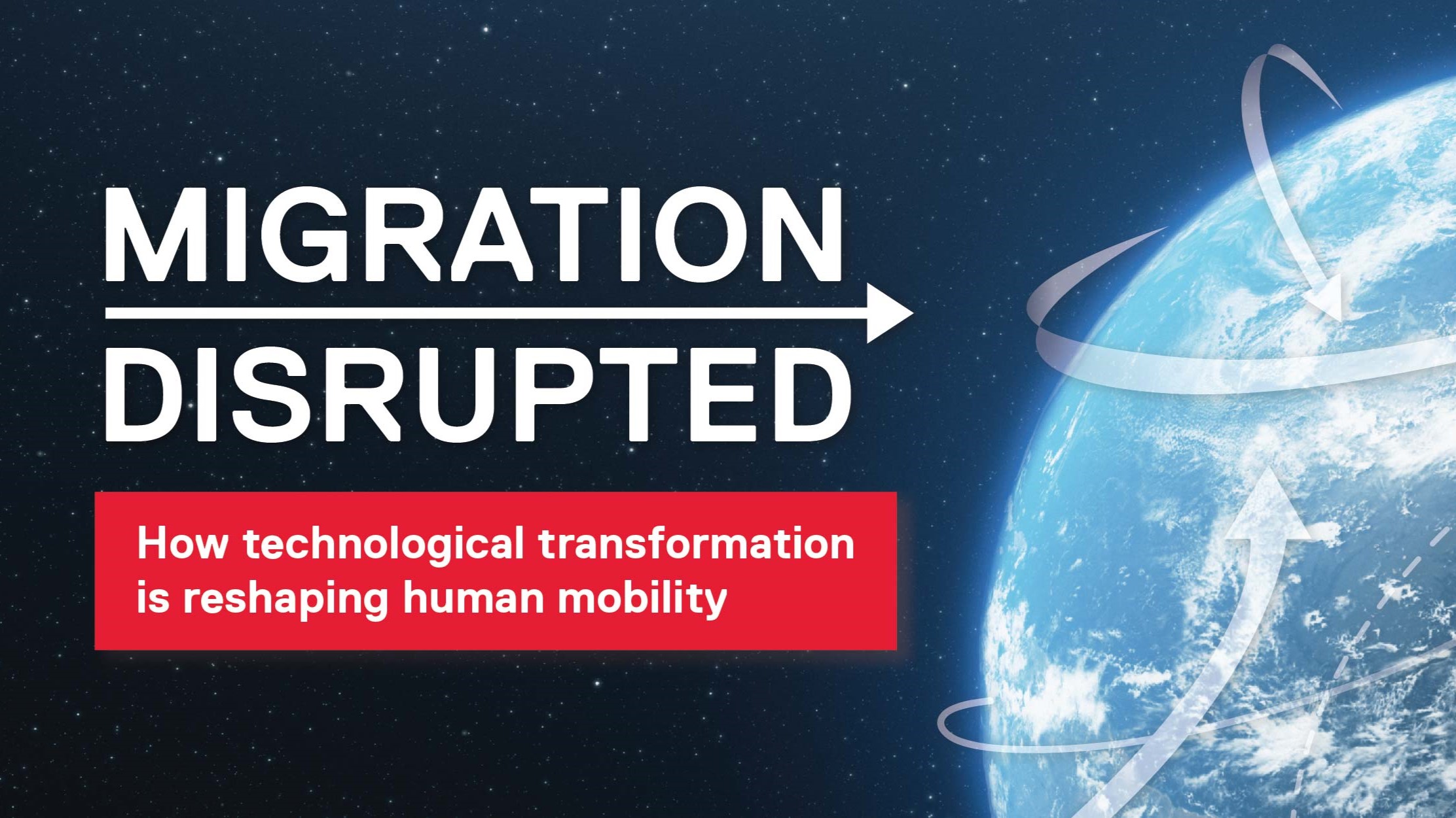 An event graphic shows an image of a globe with arrows pointing around it to symbolize migration. 