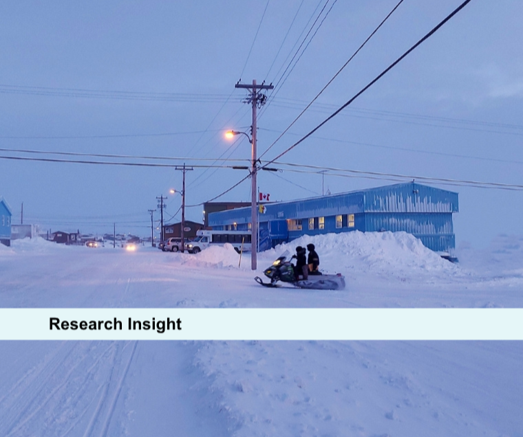 A snowy winter down with a snow mobile crossing a road.