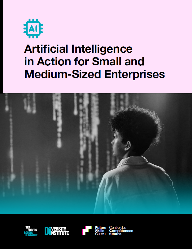 A report cover featuring logos and a black woman looking at a large screen with computer code on it.