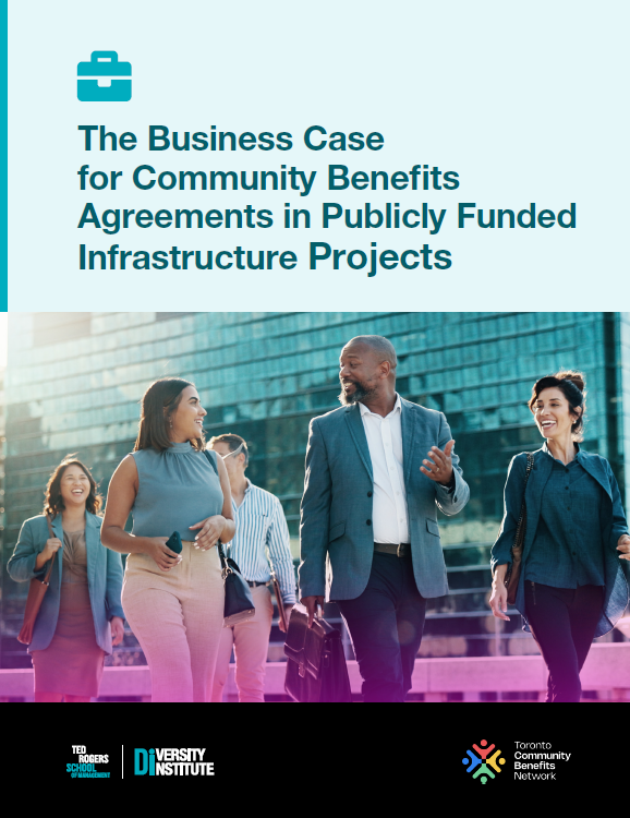 A report cover featuring logos and a diverse group of people walking in front of an office building