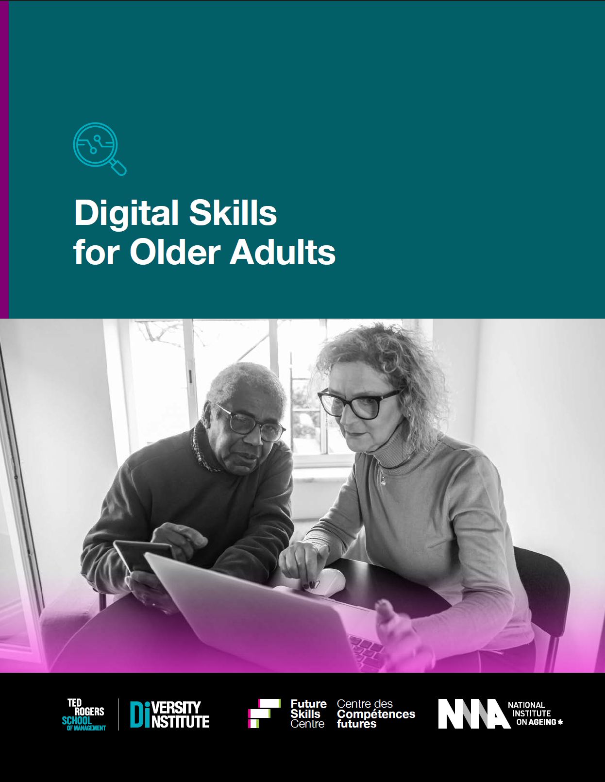 A report cover featuring two older adults sitting at a table and looking at a laptop screen