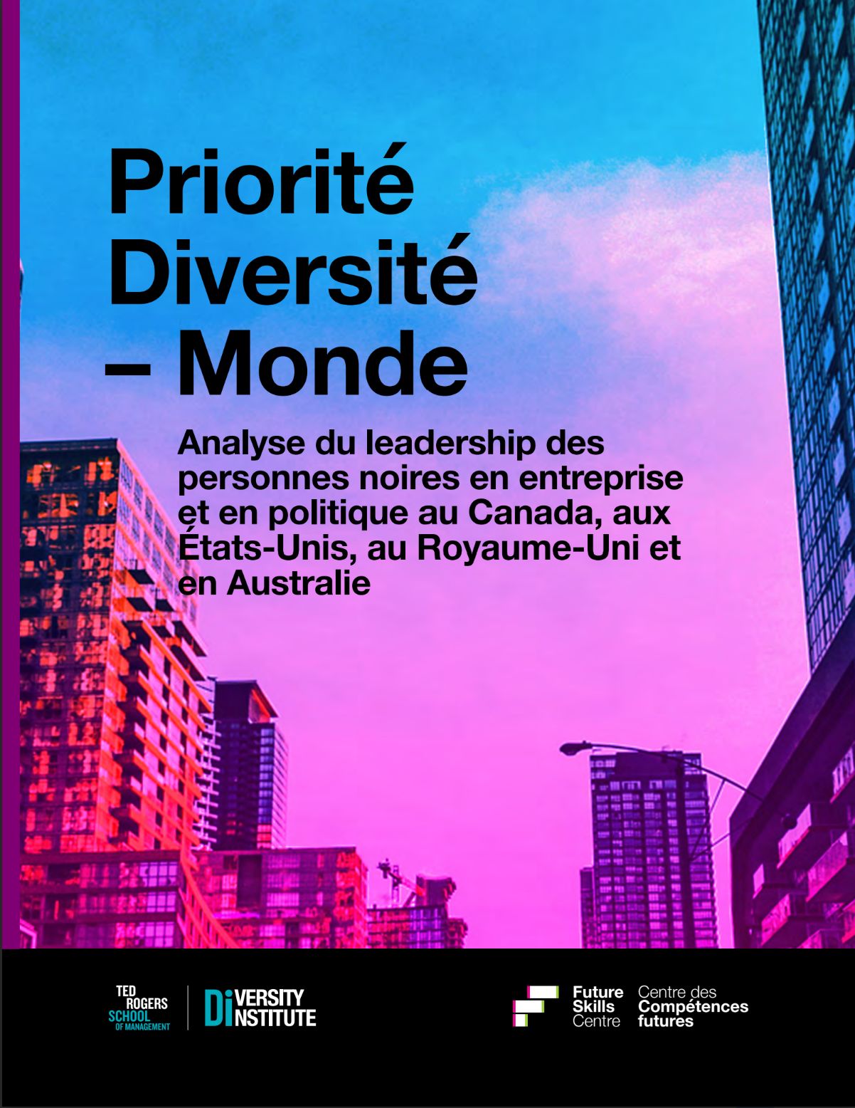 Une photo de bâtiments par temps clair, teintée de violet