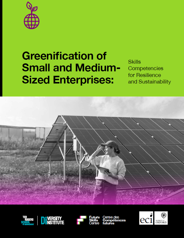 A report cover featuring a small business owner holding a tablet in front of solar panels.