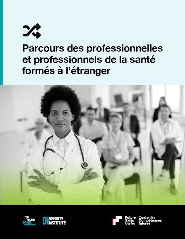 Une couverture de rapport présentant une femme médecin racialisée debout aux côtés de collègues médicaux issus de diverses origines.