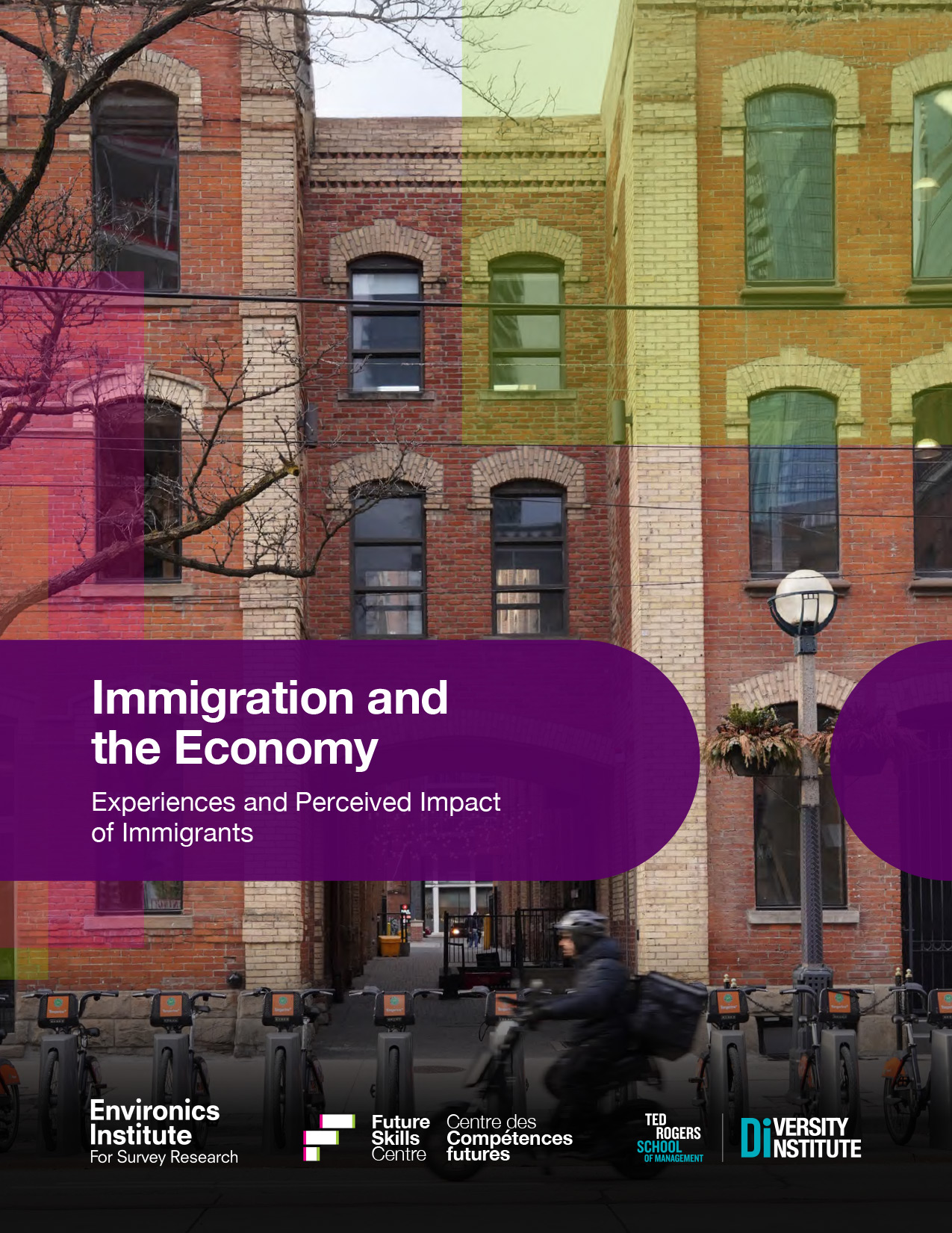 A report cover featuring a city scene with rental bicycles and organization logos.