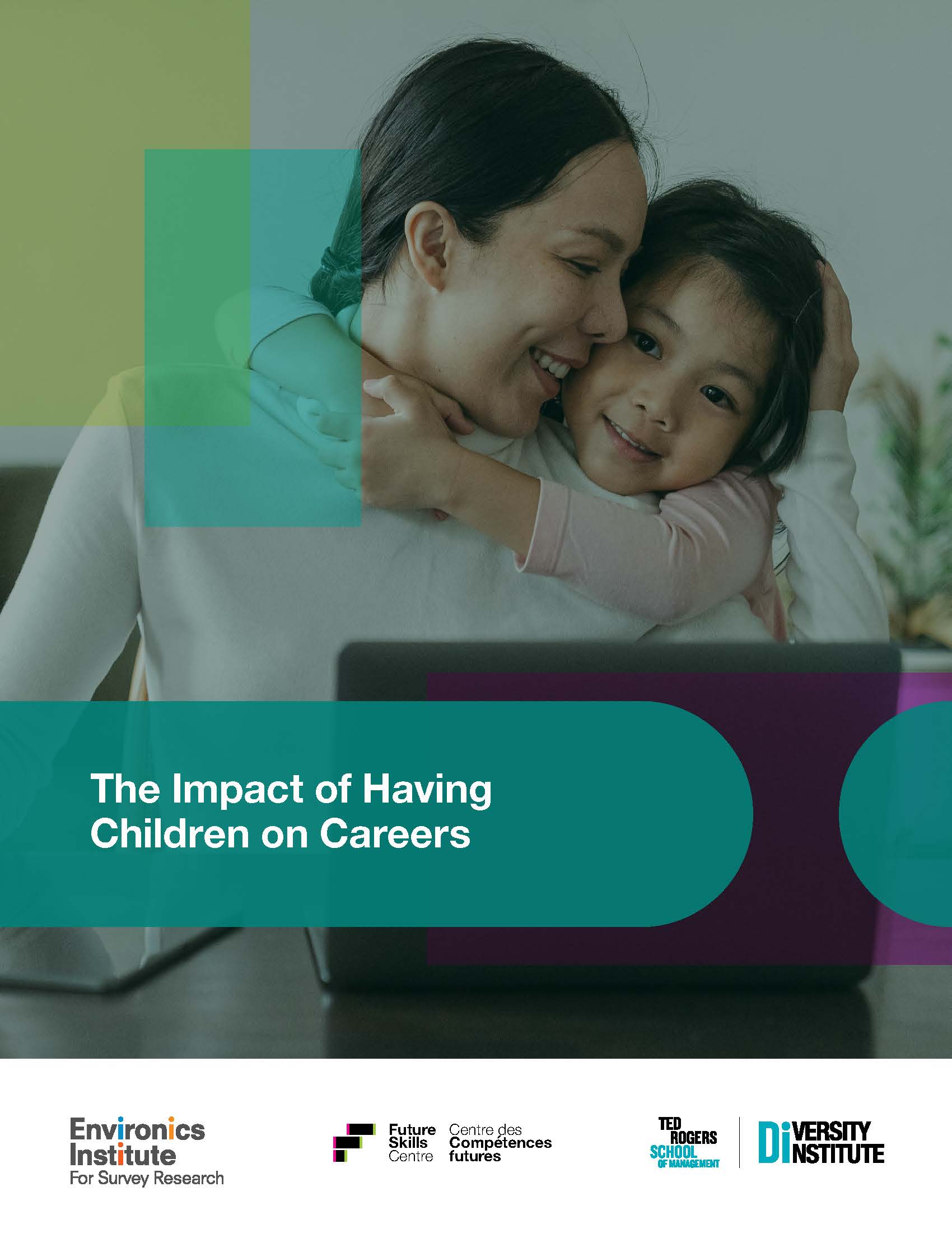 A report cover featuring a child hugging their mother, who has a laptop open in front of her.