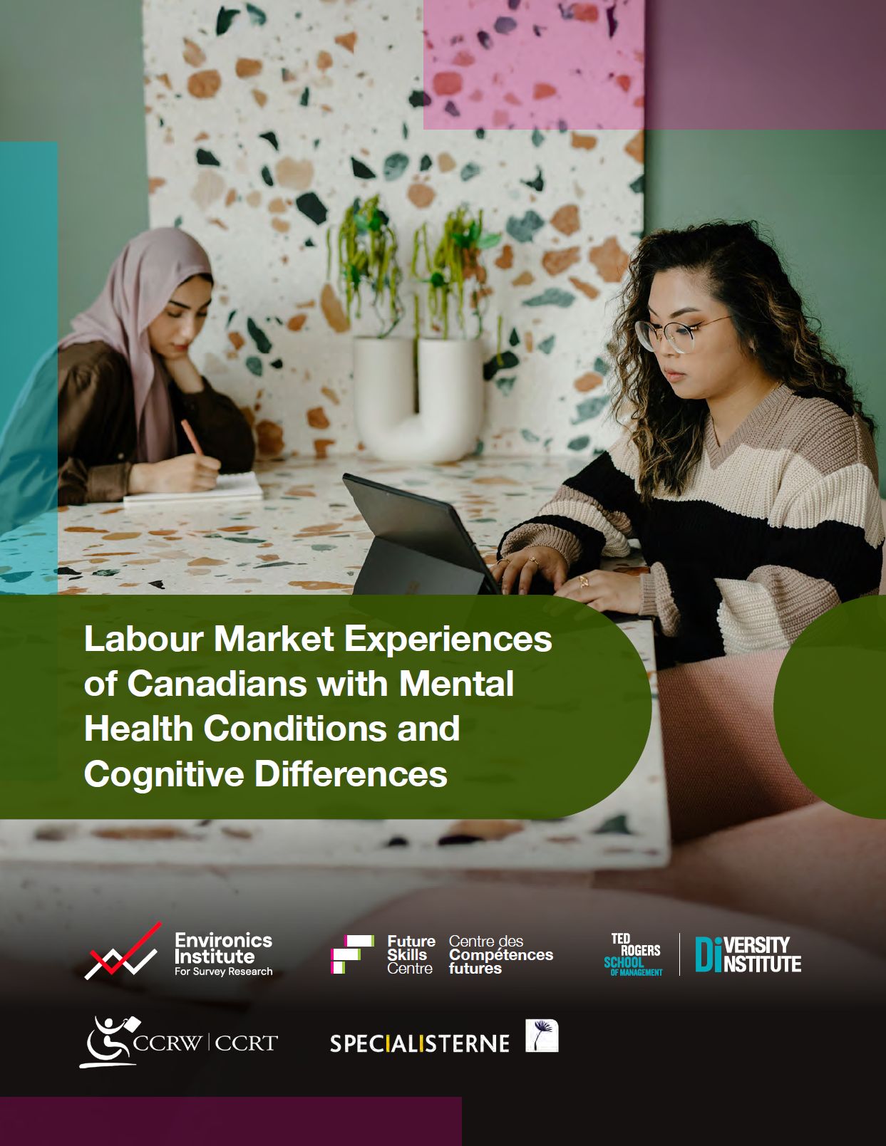 A report cover featuring two women sitting at a table, where one woman is taking notes and the other woman is working on a laptop