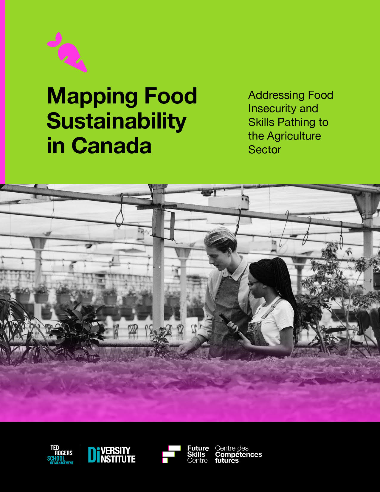A report covering featuring logos and diverse colleagues in a greenhouse.