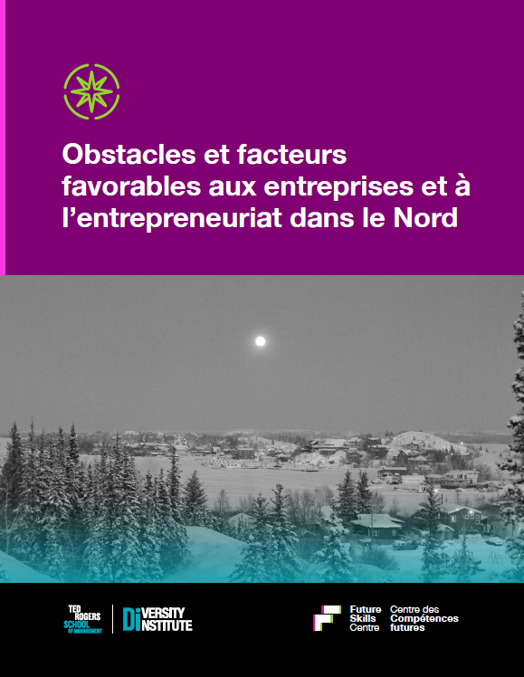 Une couverture de rapport comportant des logos et le soleil se levant sur une petite ville, située au bord d'un lac gelé.