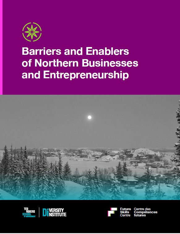 A report cover featuring logos and the sun rising over a small town, located beside a frozen lake.