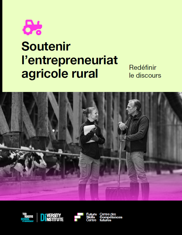 Une couverture de rapport représentant deux agriculteurs discutant dans une grande grange avec des vaches en arrière-plan.