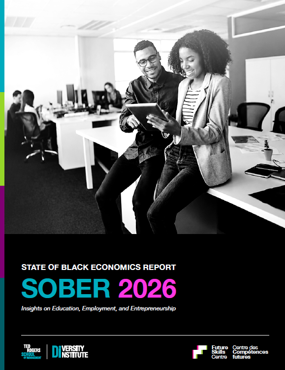 A report cover featuring two Black business people in discussion at a board room table looking at documents.