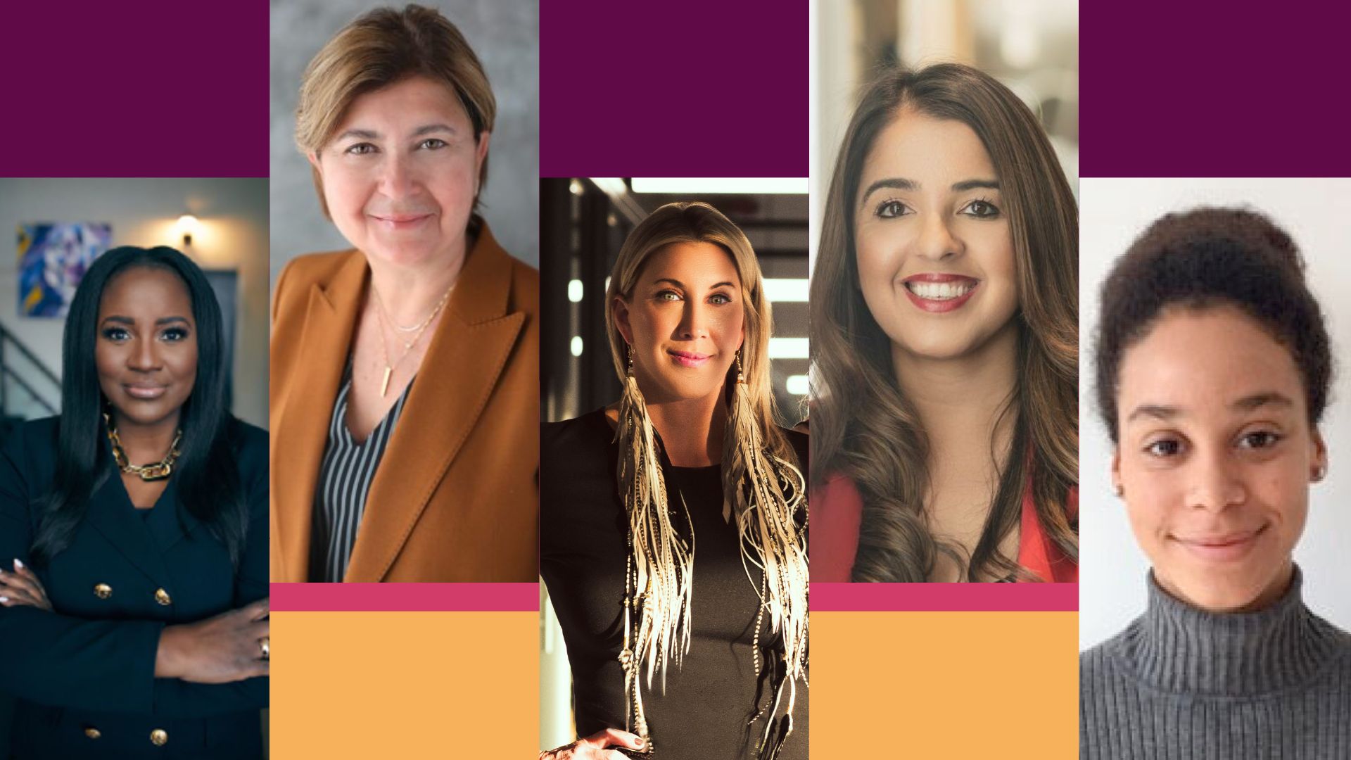 A collage diverse group of women, on a colour background representing the 50-30 Challenge