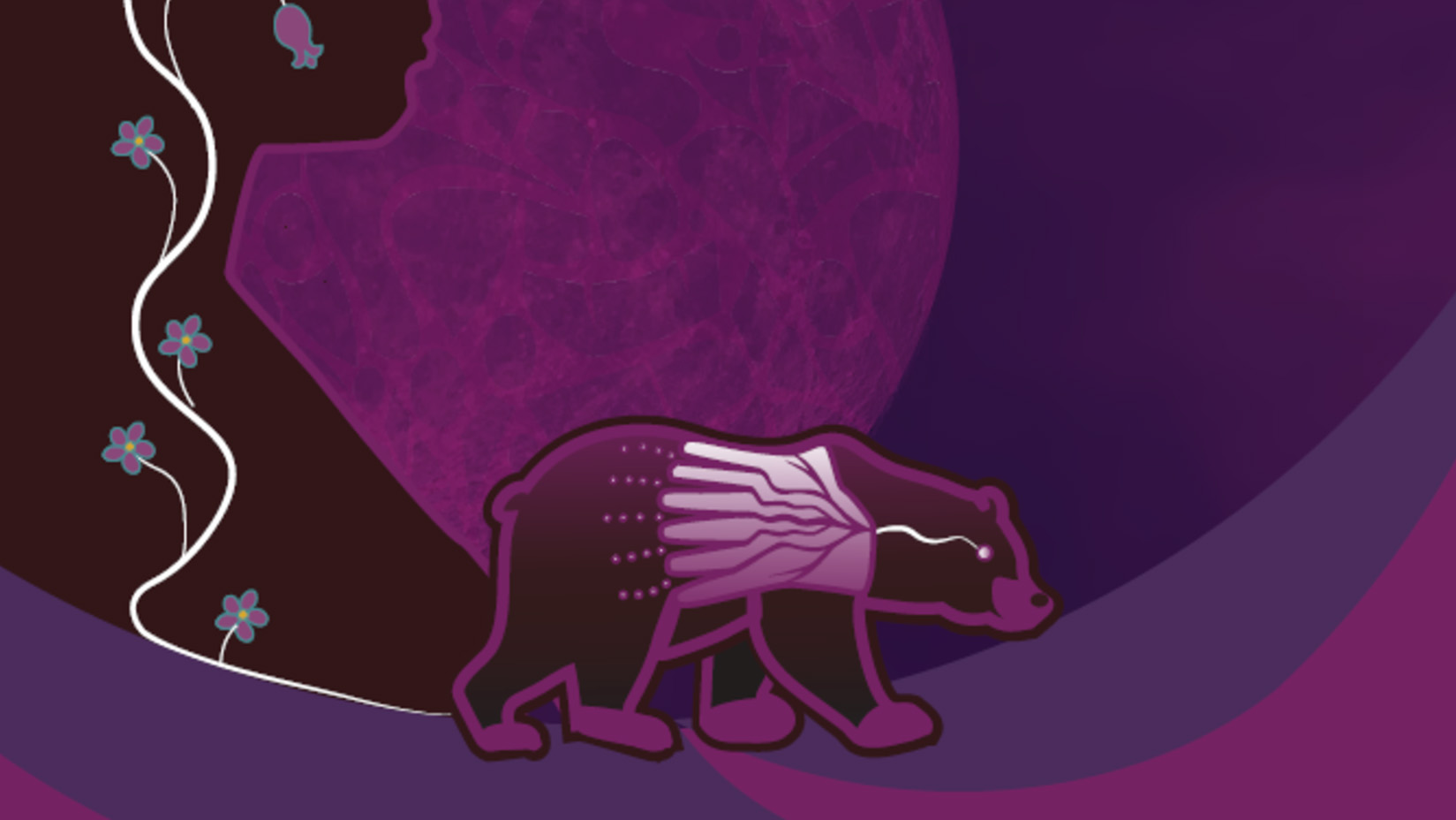 An illustration in purple of a walking bear against a designed backdrop.