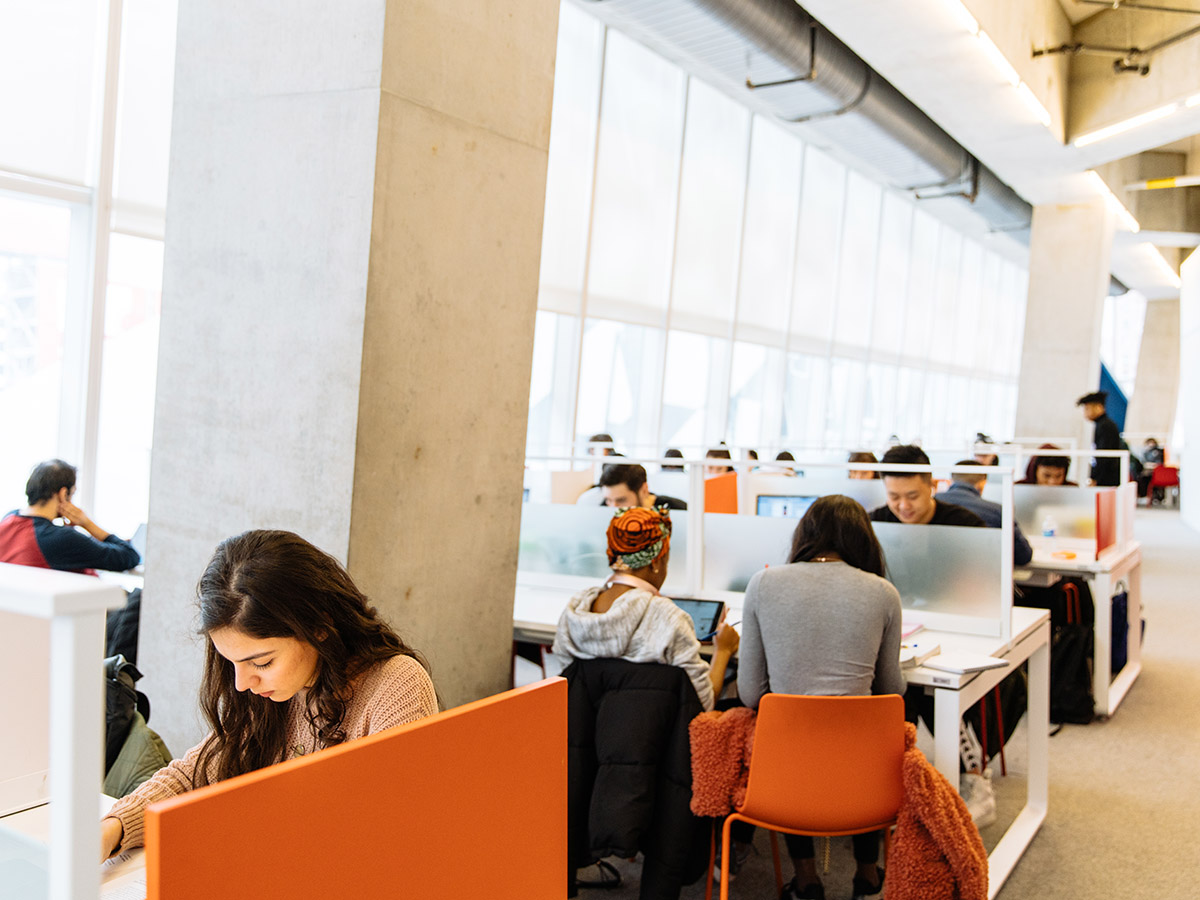 Students study in a communal work space on the Ryerson campus. 