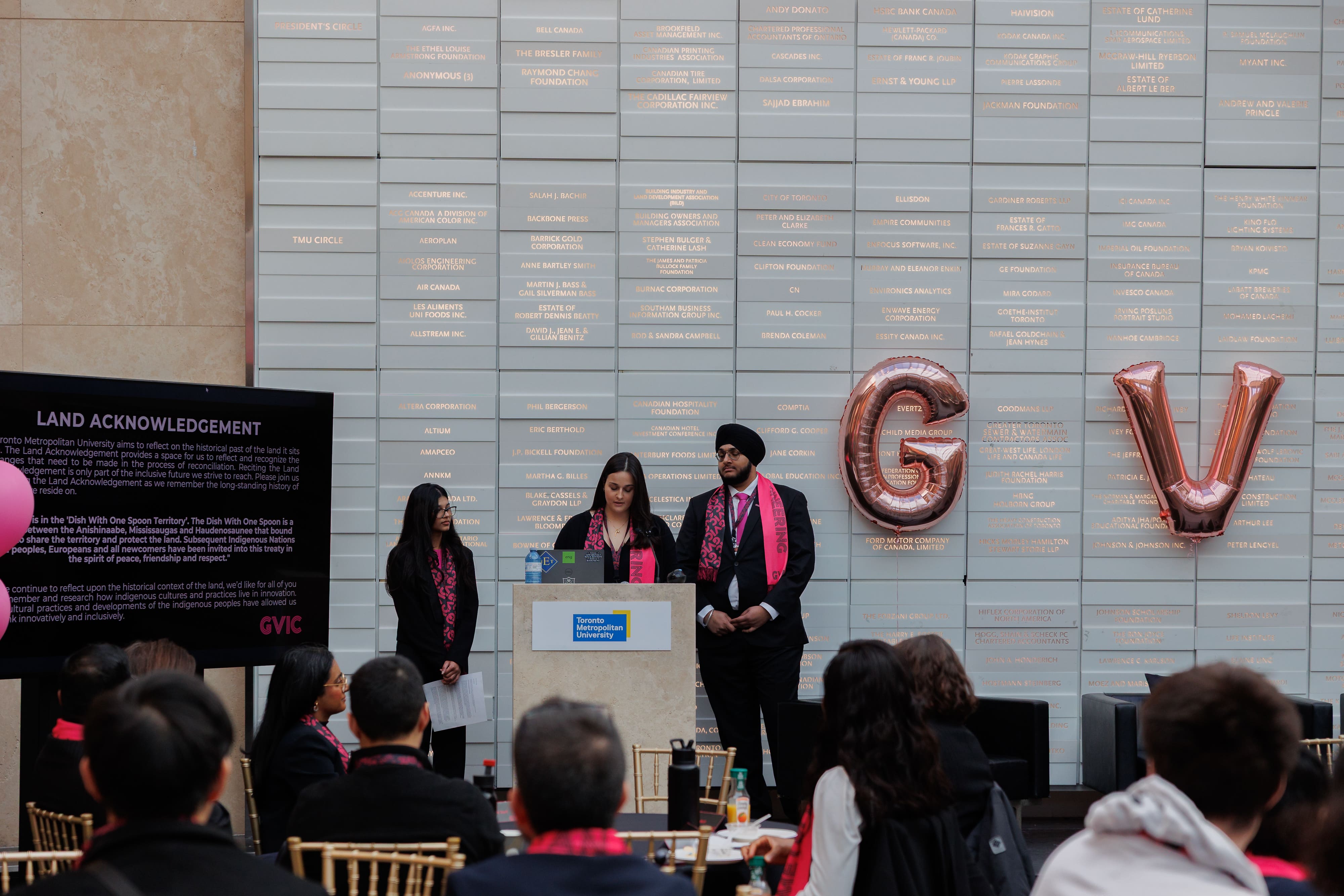GVIC Chairs Palak Dedhia, Zoren Singh, and Alessia Di Nallo, doing their speaches 
