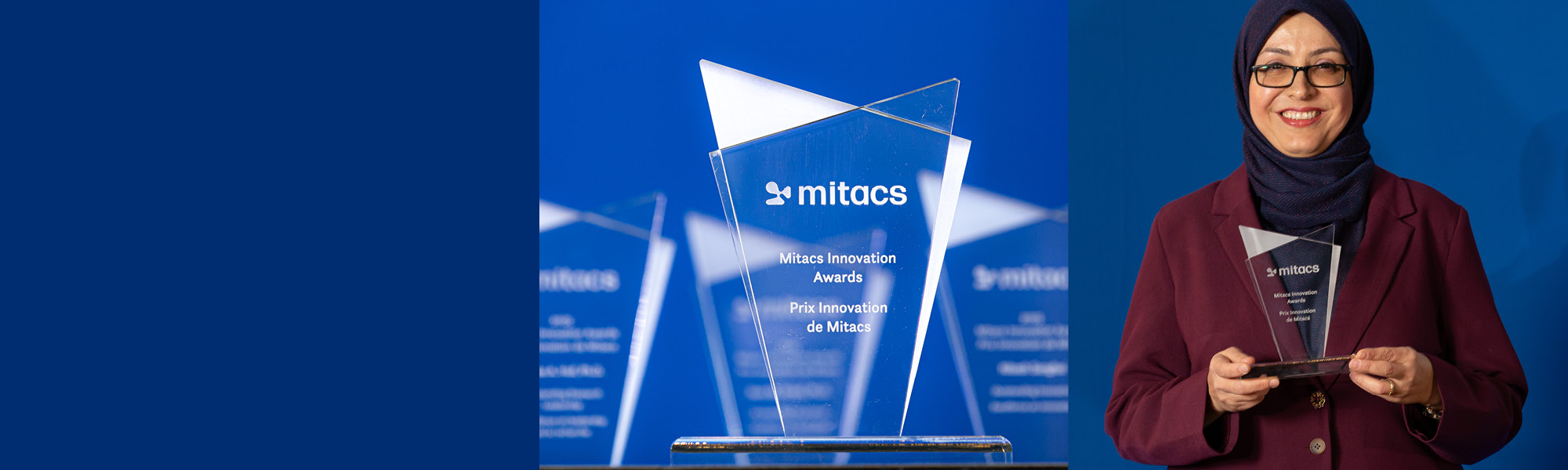 Dr. Narjes Allahrabbi is smiling and receiving a glass, transparent Mitacs award.