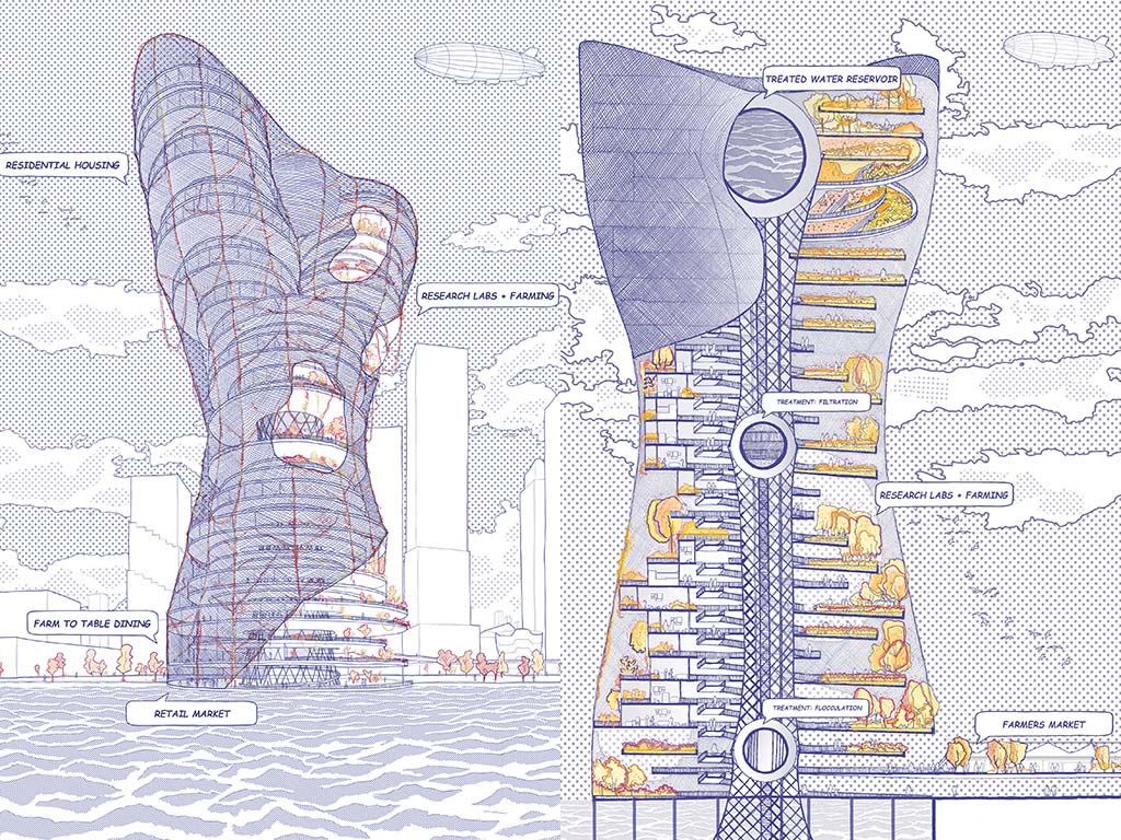 “Living Water Tower” drawings earned a grand prize in the 2021 Manhattan Wildscraper competition
