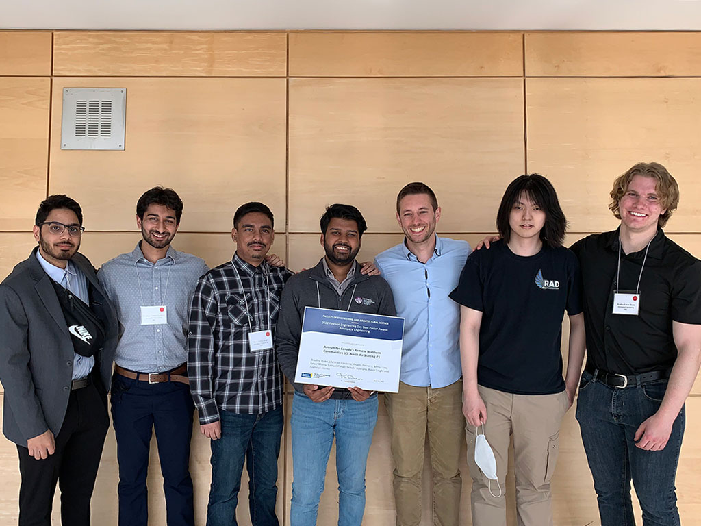 The award-winning Aerospace Engineering team members (from left to right): Keyur Mistry, Christian Cordeiro, Ravin Singh, Aagneya Verma, Angelo Ferreira, Minsu Joo, Bradley Blake. Missing are Samuel Pahad and Sepehr Roshany