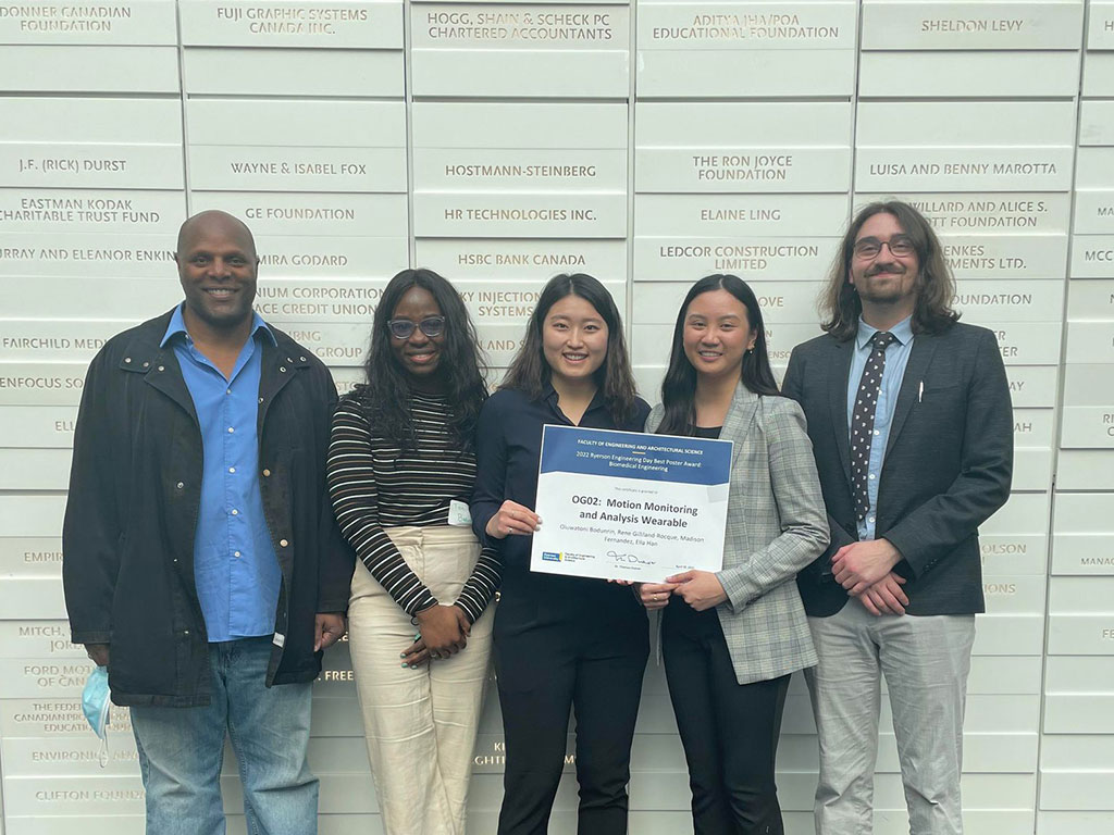 The award-winning Biomedical Engineering team members (from left to right): Omar Grant (FLC), Oluwatoni Bodunrin, Ella Han, Madison Fernandez, Rene Gilliland-Rocque