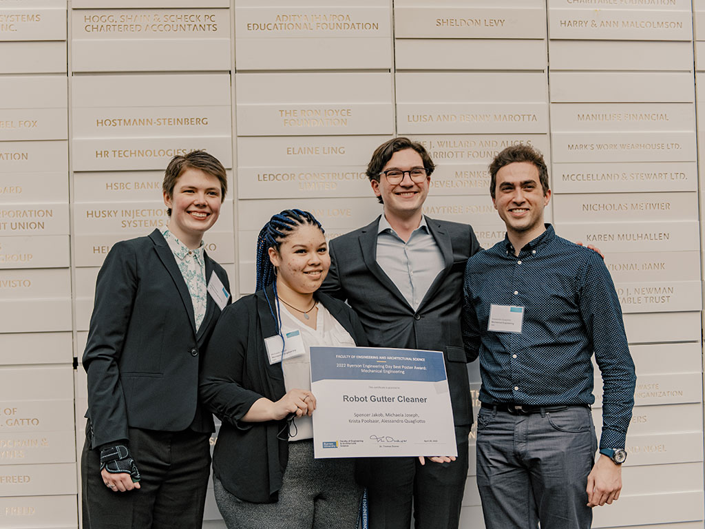 The award-winning Mechanical Engineering team members (from left to right): Krista Poolsaar, Michaela Joseph, Spencer Jakob, Alessandro Quagliotto