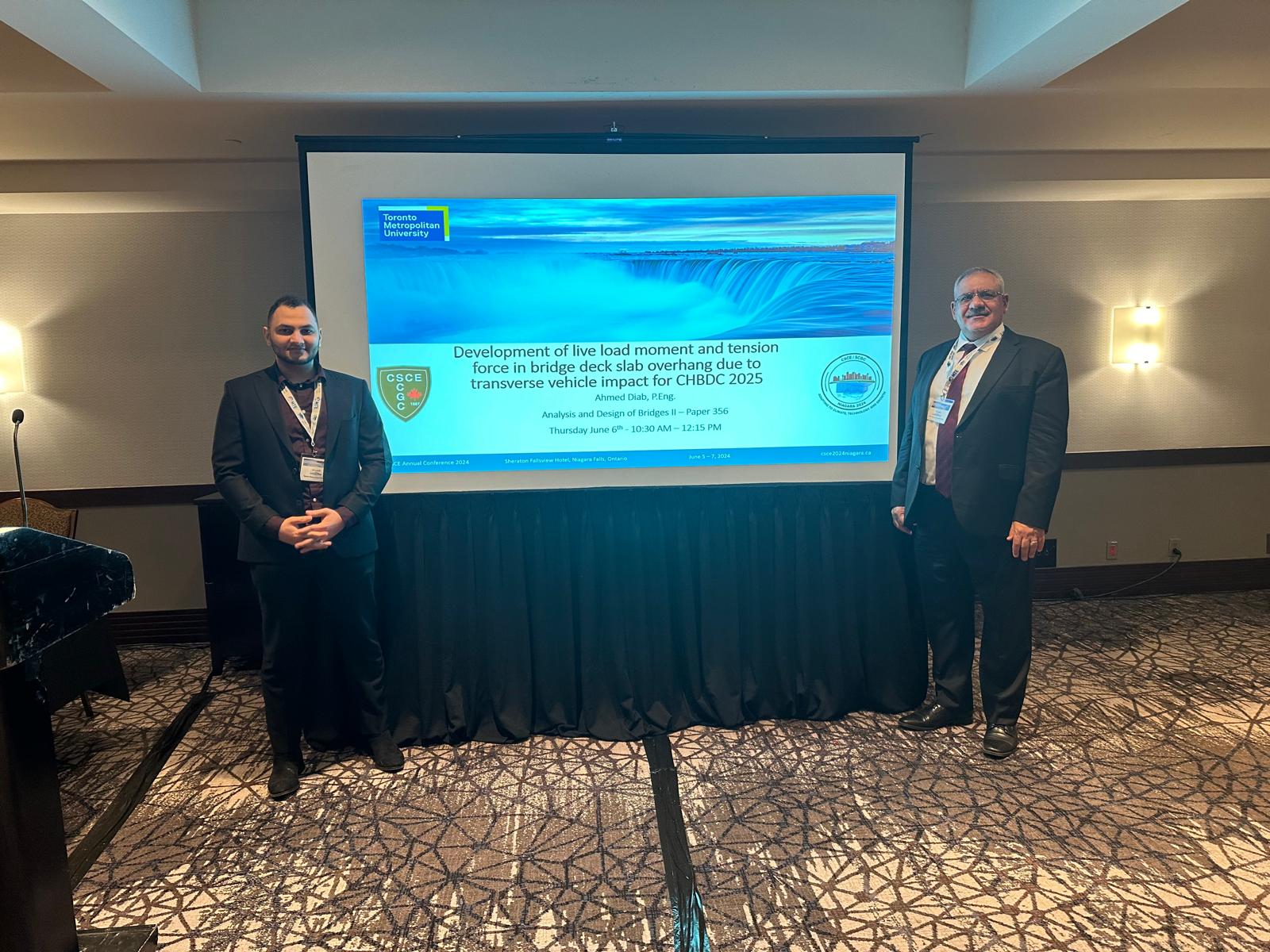  Diab with professor and supervisor, Dr. Khaled Sennah, presenting their research that informed the 2025 Canadian Highway Bridge Design Code.