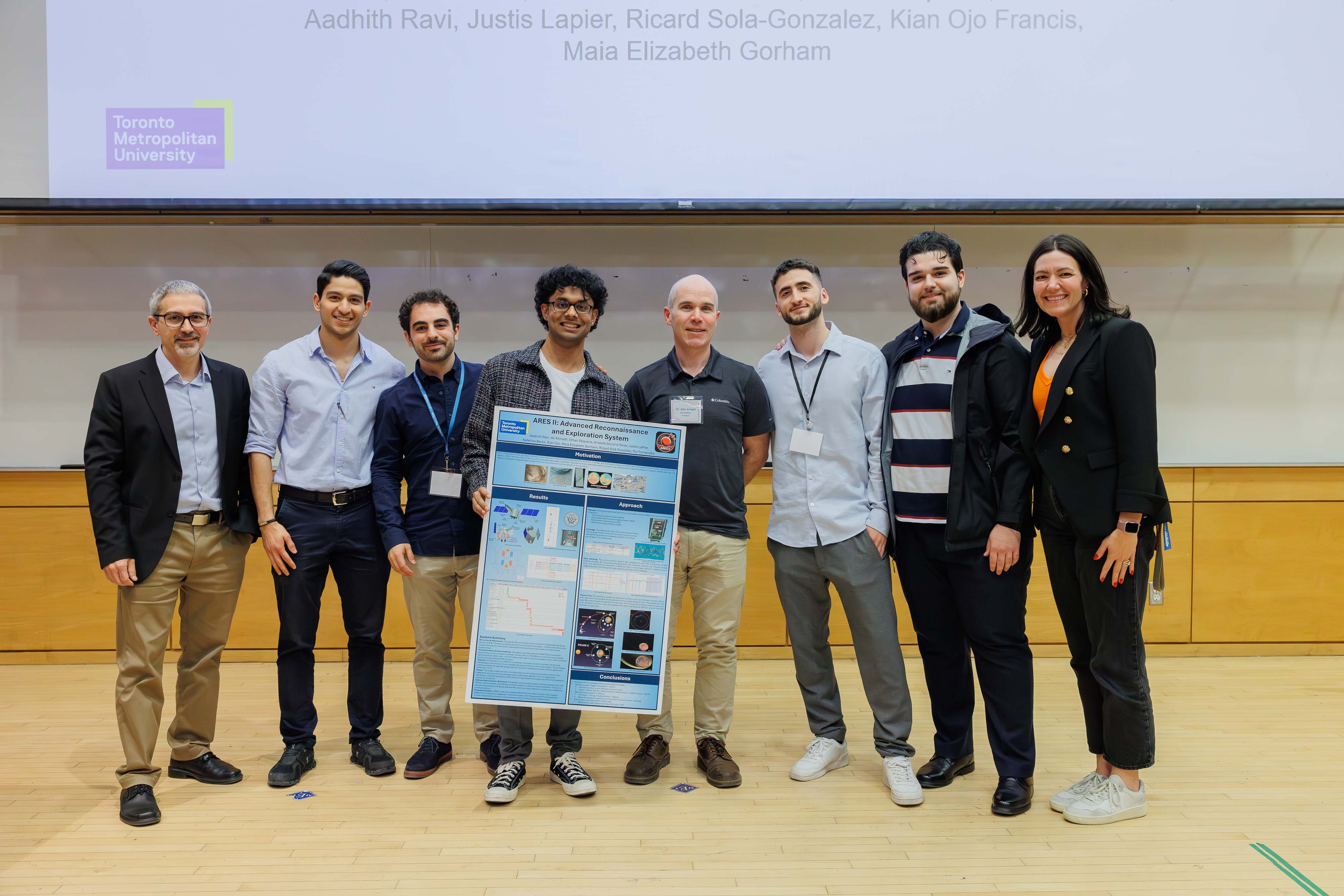 The ARES II team members receiving the Best Aerospace Capstone Award at the FEAS Engineering and Architectural Science Day. The full team includes Katerina Beros, Ali Ahmadi, Ernesto Socorro Perez, Ethan Sequeira, Rui Fernandez, Aadhith Ravi, Justis Lapier, Ricard Sola-Gonzalez, Kian Ojo Francis and Maia Elizabeth Gorham.