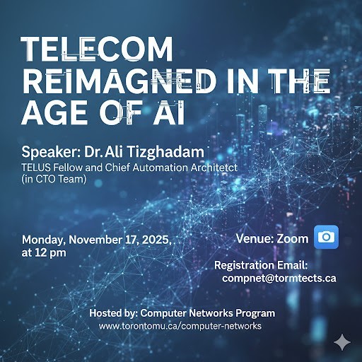 Banner for the Computer Networks Tech Talk on Telecom Reimagined in the Age of AI event