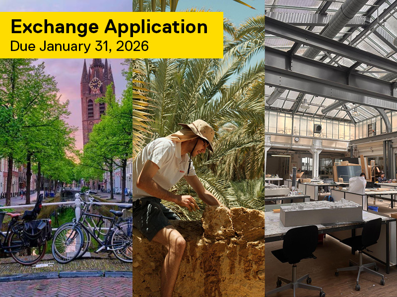 A bike sitting on a bridge with a church in the background. A man wearing a sun hat working on an old brick wall with tropical trees behind him. An architecture studio with grey ceiling beams and building models on desks.