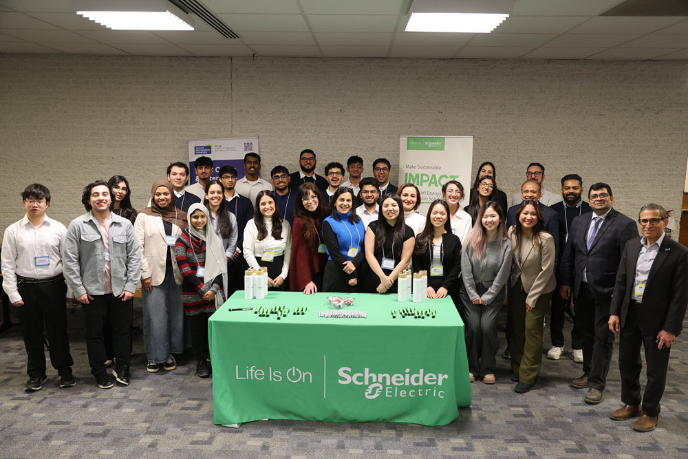 Group of FEAS students, faculty, and Schneider Electric mentors at the Sustainability Accelerator showcase.
