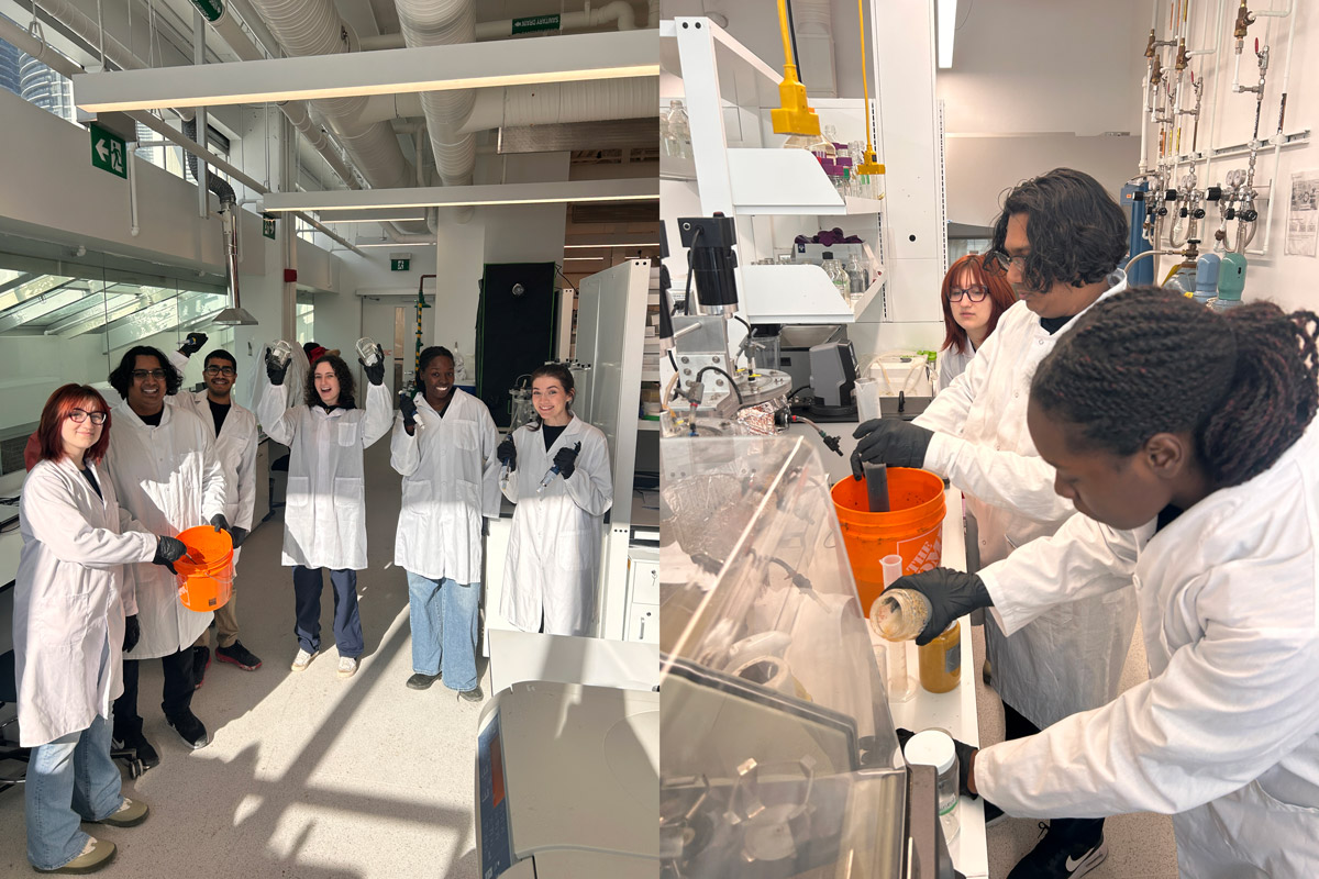 Joella Russell with team members in white lab coats, performing an experiment in a lab.