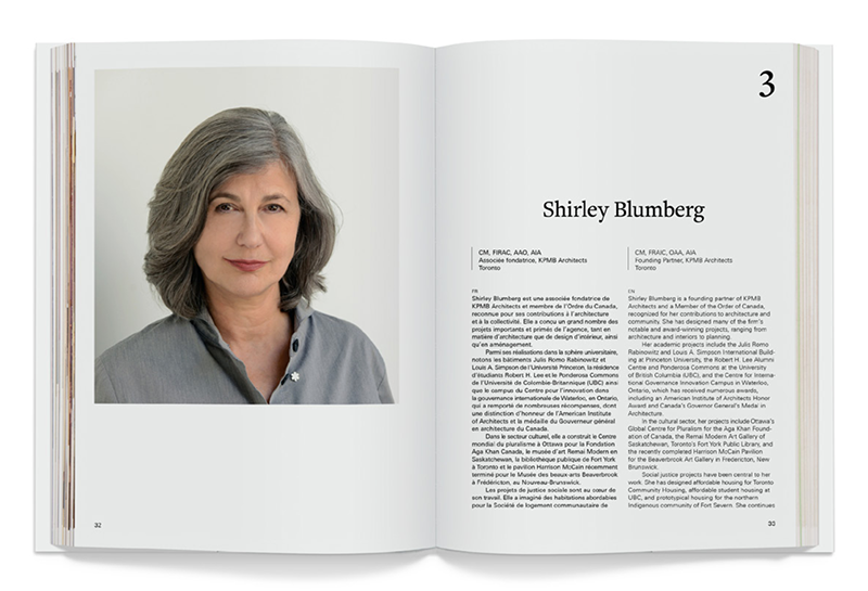  An open view of the Women Changing Architecture featuring a picture and profile of Shirley Blumberg.