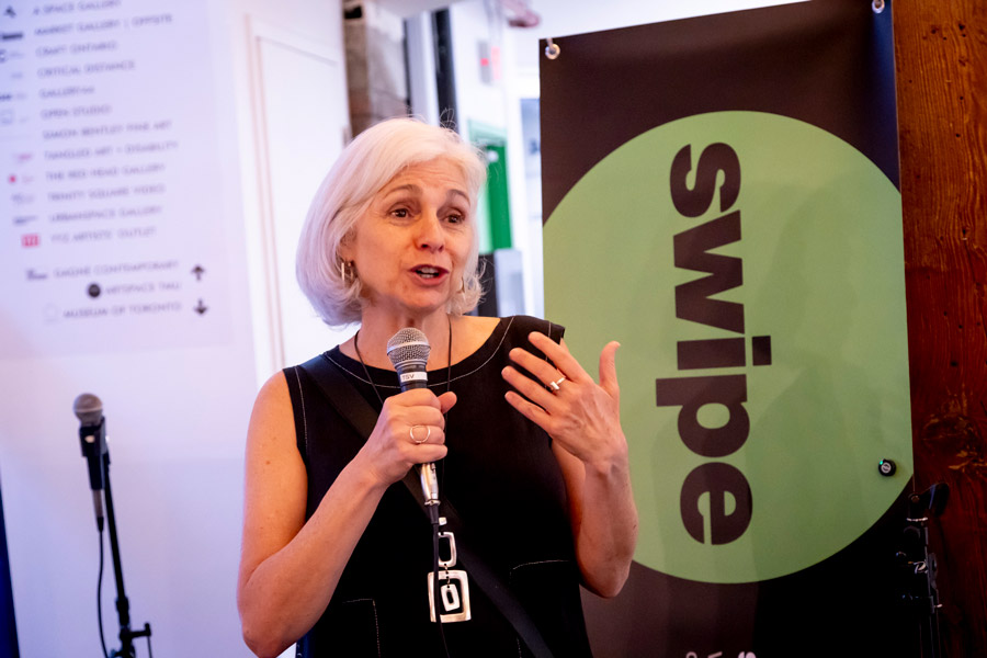 Louise Pelletier speaking at the book launch event.