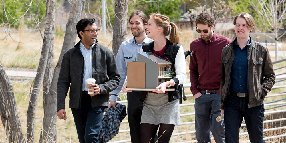 Group of five architectural science students walking to campus