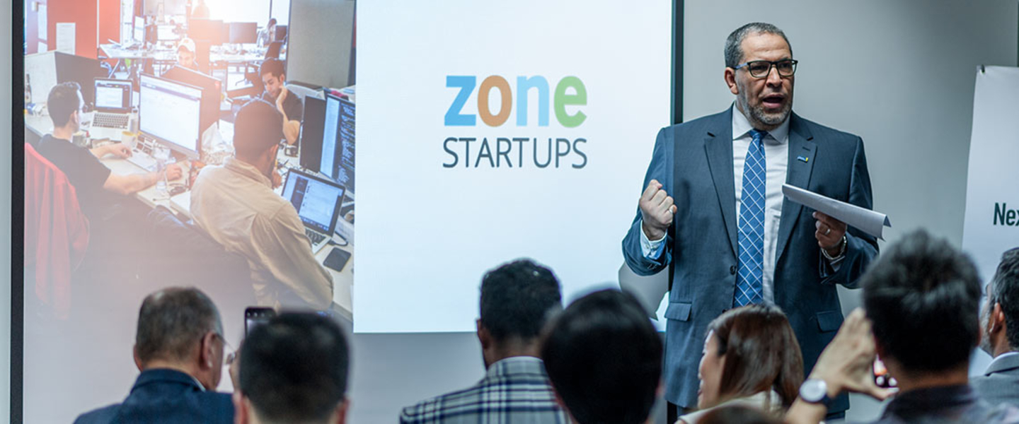 Ryerson President, Mohamed Lachemi giving a presentation on Zone Startups