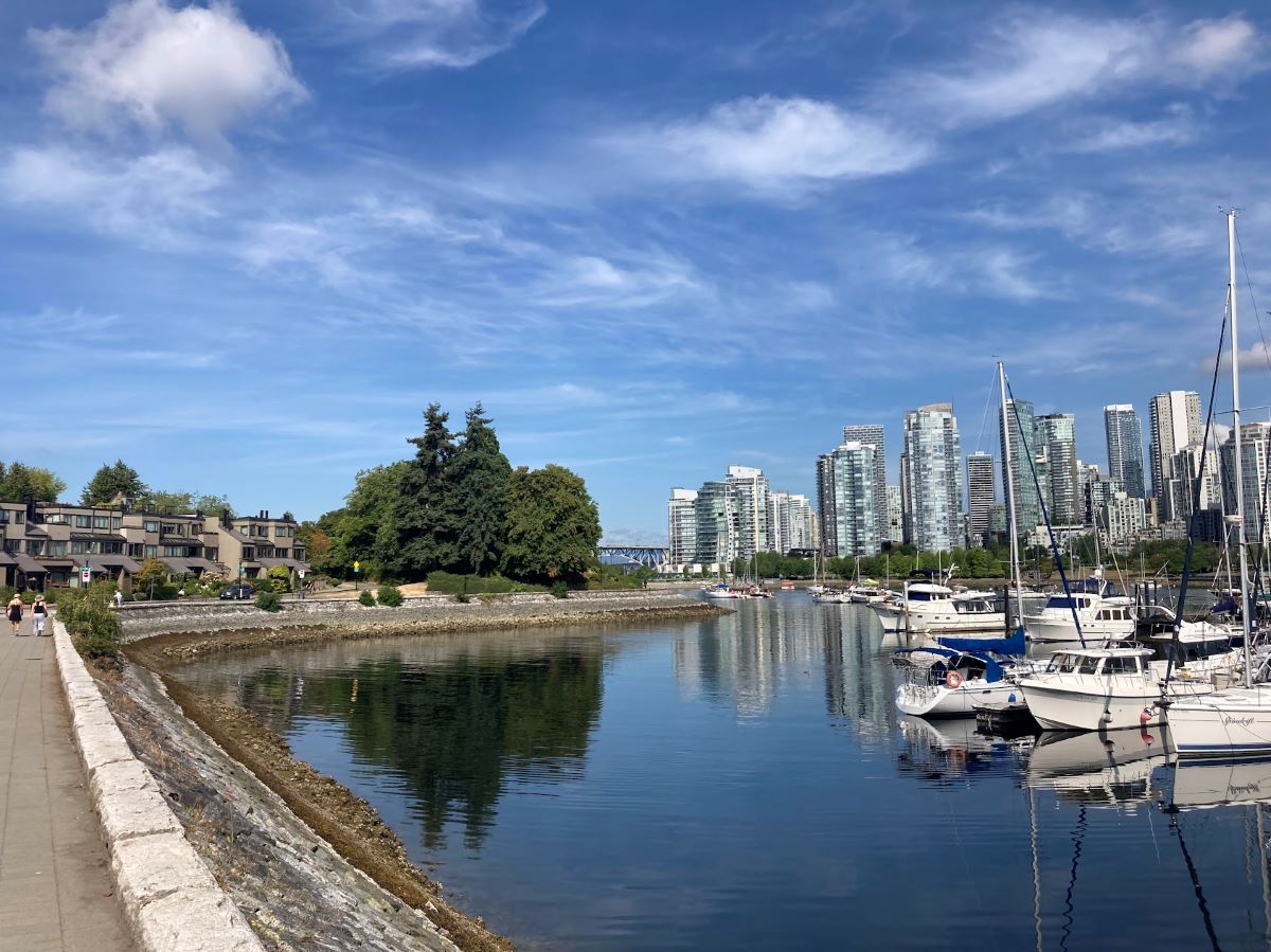 False Creek Seawall at low tide. Sail boats docked. Highrise condominiums border a blue sky. 