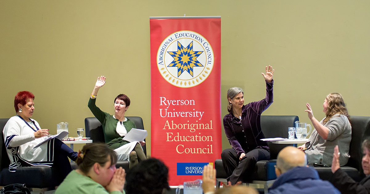Four panellists at a Dine and Discourse event on Truth and Reconciliation at Ryerson 