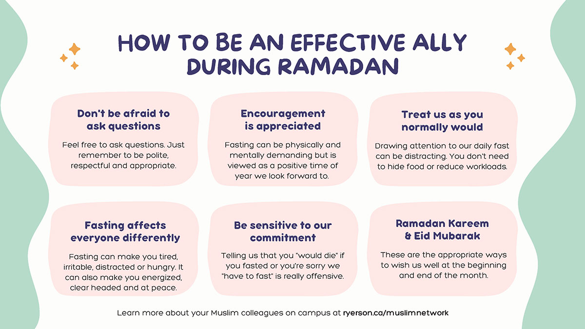 An illustration that has six tips on how to be an effective ally during Ramamdan