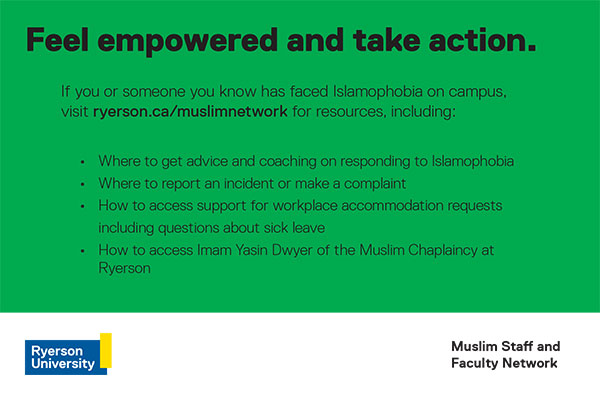 Green postcard that reads "Feel empowered to take action" with a list of resources offered by the Muslim Employee Community Network