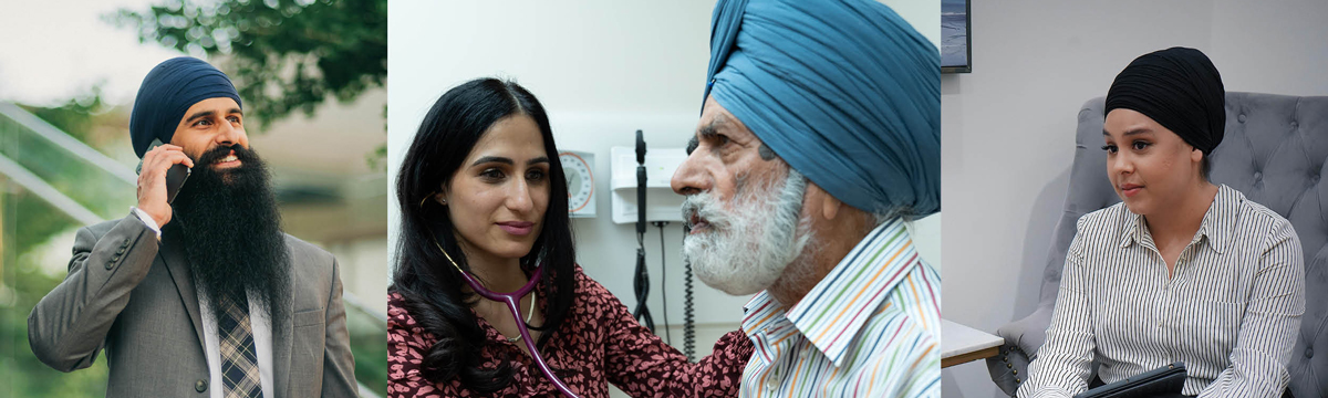Sikh faculty and staff at TMU engaging in work, including meeting with colleagues and visiting with patients