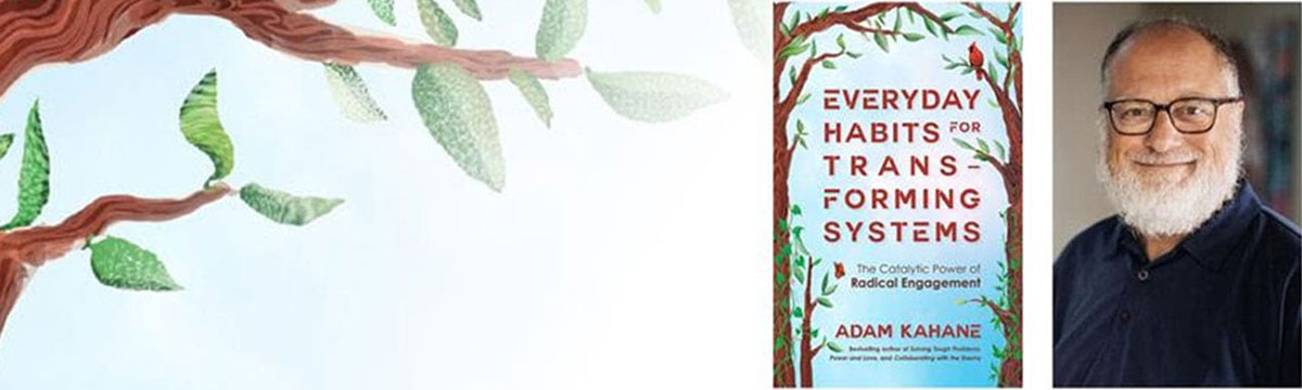 A drawing of a tree with a portrait of Adam Kahane and their book cover