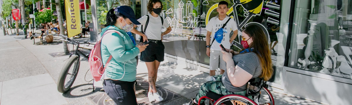 TMU students, faculty and staff participating in mapping out the accessibility of public spaces using the Access Now app.