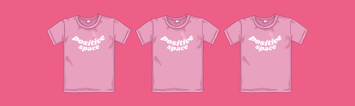 three pink t-shirts with the words positive space on a pink background