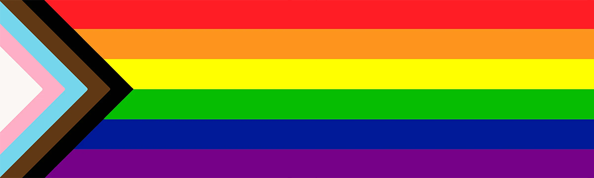 Pride flag with colours, red, orange, yellow, green, blue, purple, black, brown, light blue, pink, and white