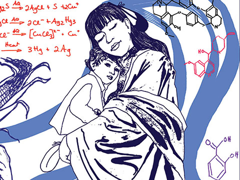 Illustration of a mother holding a child in her arms